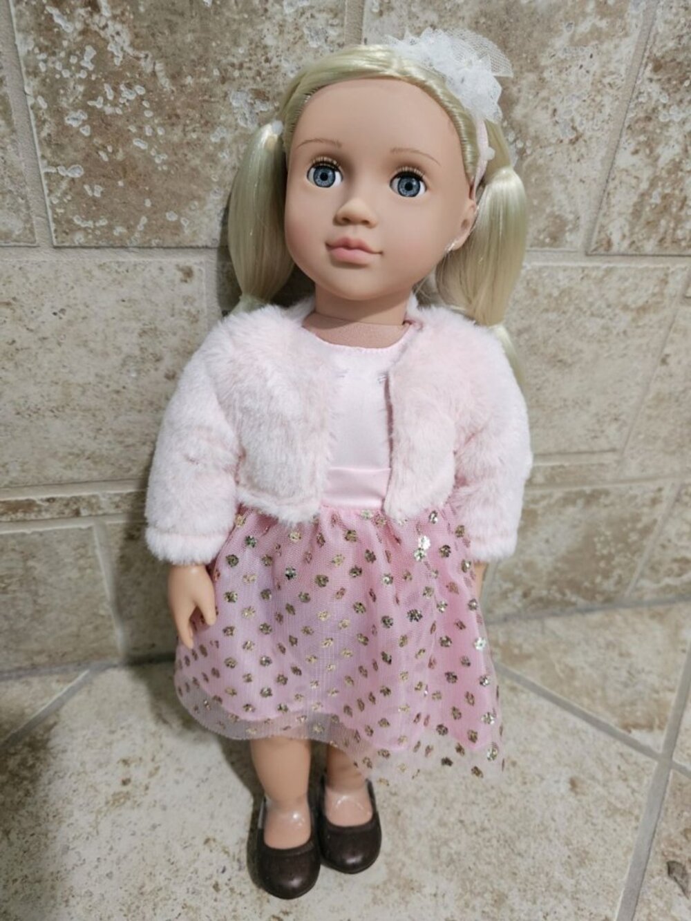 Our Generation Millie 18 Inch Blonde Doll Pink Sparkle Dress Faux Fur Jacket